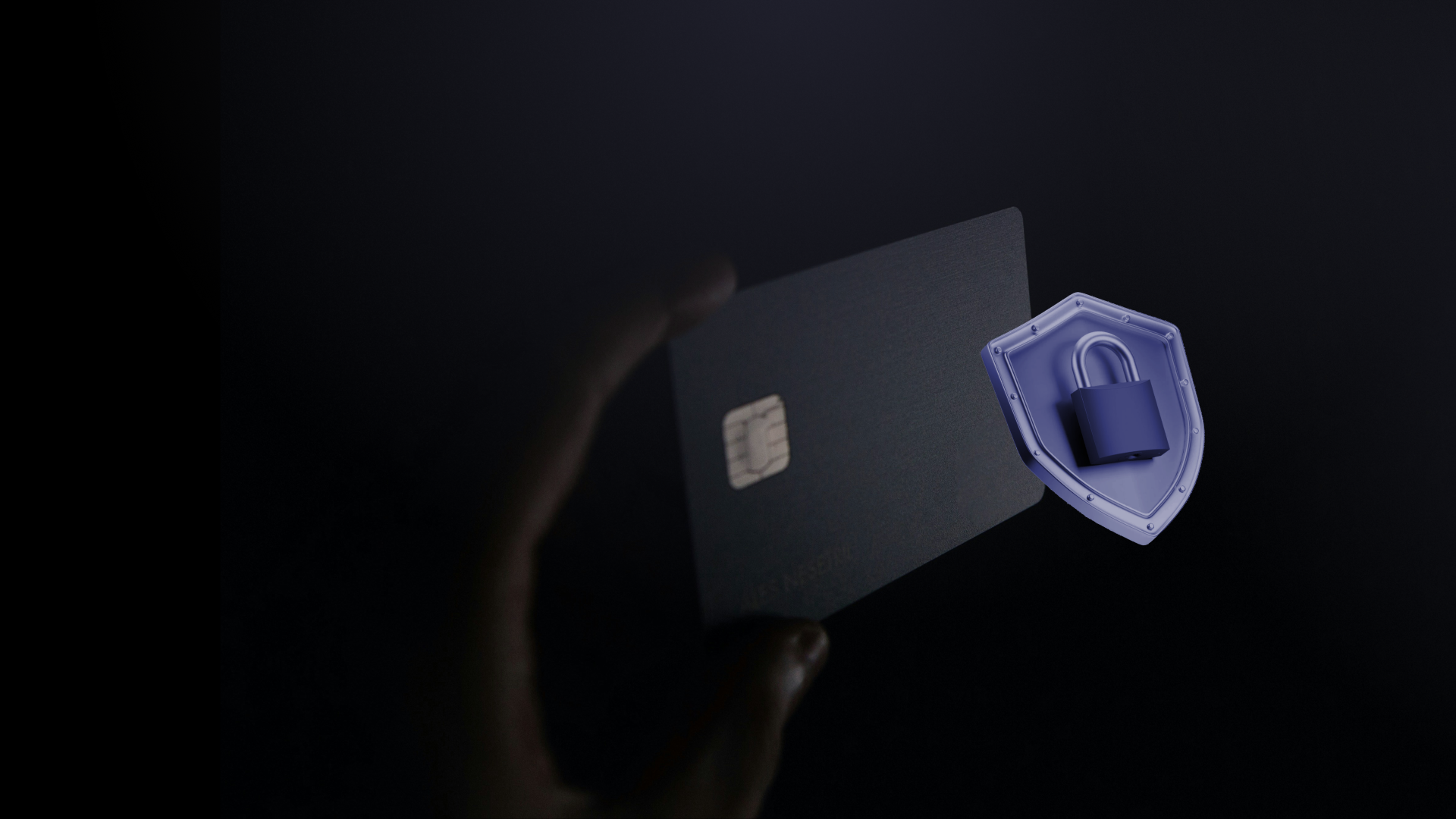 Credit card held against a dark background with a digital security shield, representing Fourvenues chargeback protection for nightclub and live event ticketing
