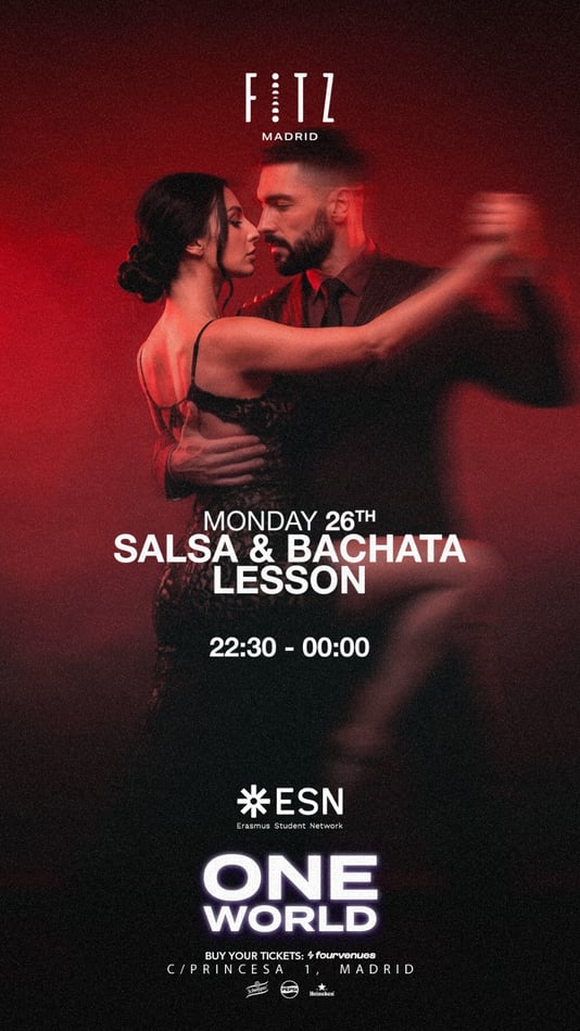 Cartel de ONE WORLD - Salsa & Bachata Lessons by ESN en Fitz Club