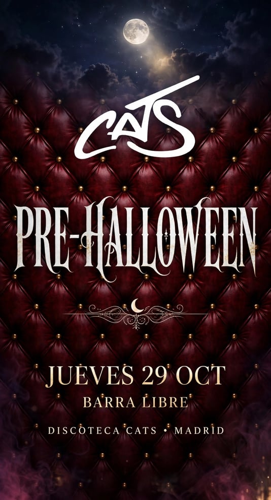 Cartel de JUEVES 29 oct 👻 HALLOWEEN BARRA LIBRE COPAS CATS en Cats Madrid